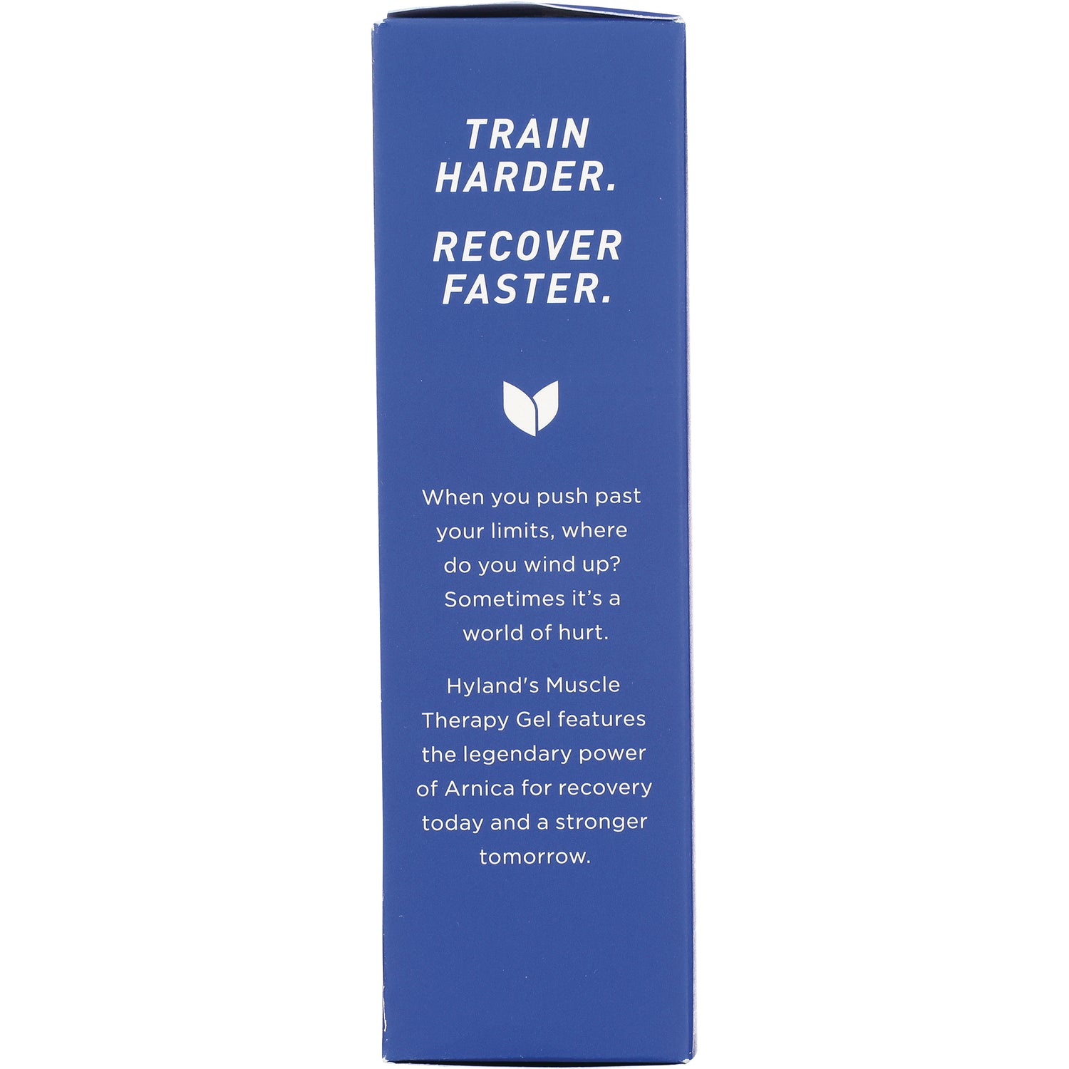 HY247 | blue side panel reading TRAIN HARDER. RECOVER FASTER. and product copy about Hyland's Muscle Therapy Gel for recovery