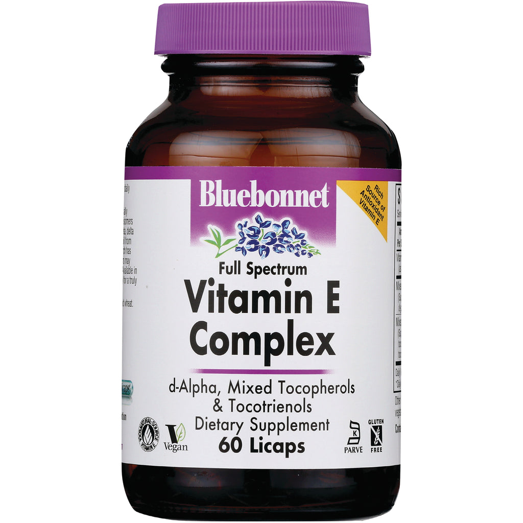 BLU130 | Bluebonnet Full Spectrum Vitamin E Complex bottle front label showing 60 Licaps - Thumbnail