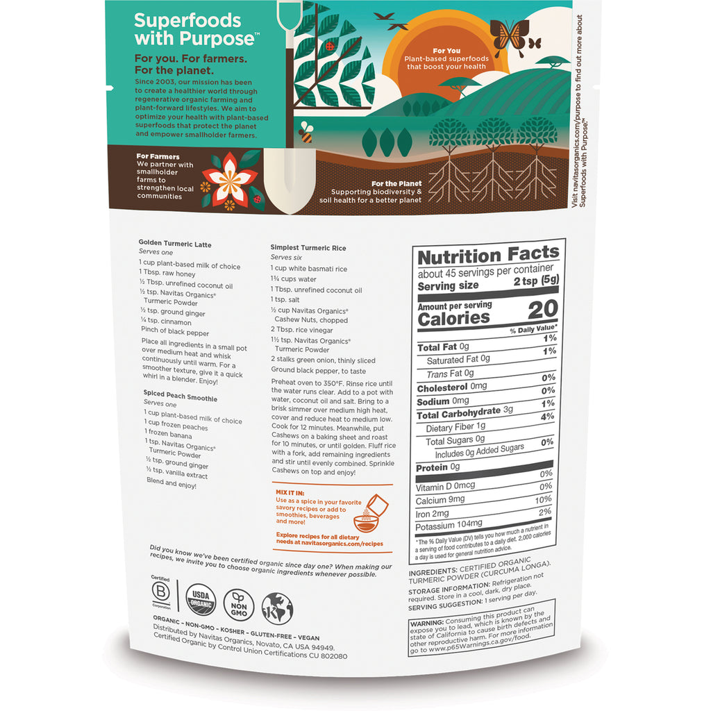 Back packaging showing nutrition facts panel, ingredients, and recipes for turmeric powder product - Thumbnail