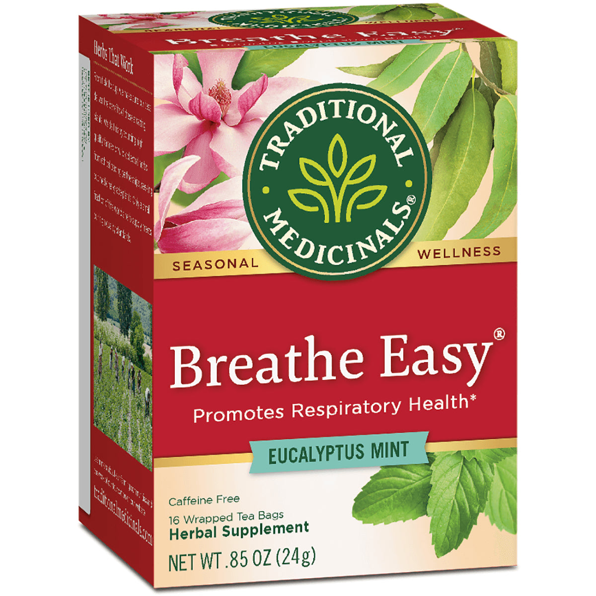 TMD007 | Traditional Medicinals Breathe Easy Eucalyptus Mint tea box, promotes respiratory health, 16 wrapped tea bags