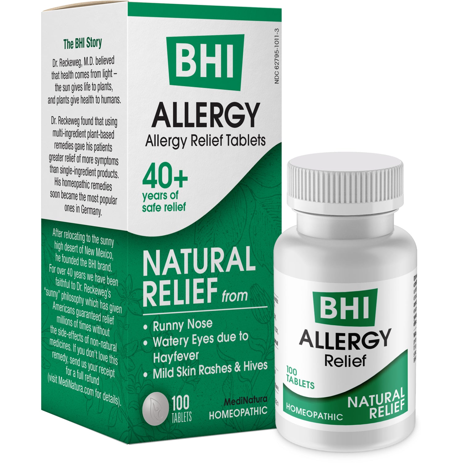 MNA029 | BHI Allergy Relief Tablets box, green and white packaging labeled Natural Relief, 100 tablets