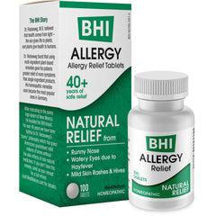 MNA029 | BHI Allergy Relief Tablets box, green and white packaging labeled Natural Relief, 100 tablets