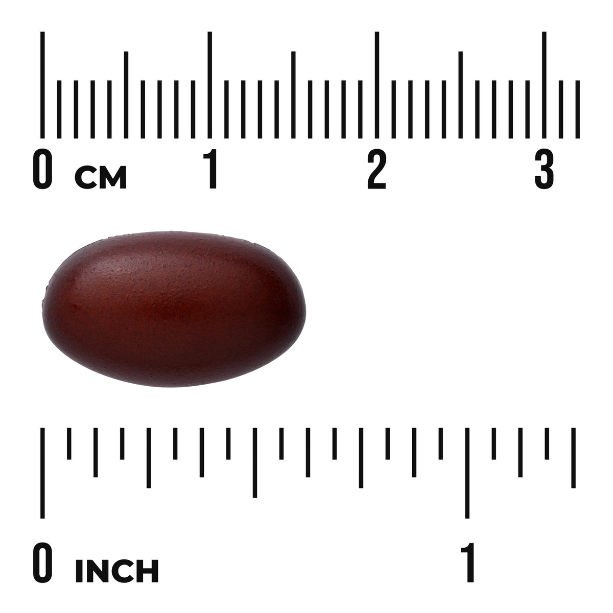SWU377 | Brown oval softgel with ruler showing size in cm and inches