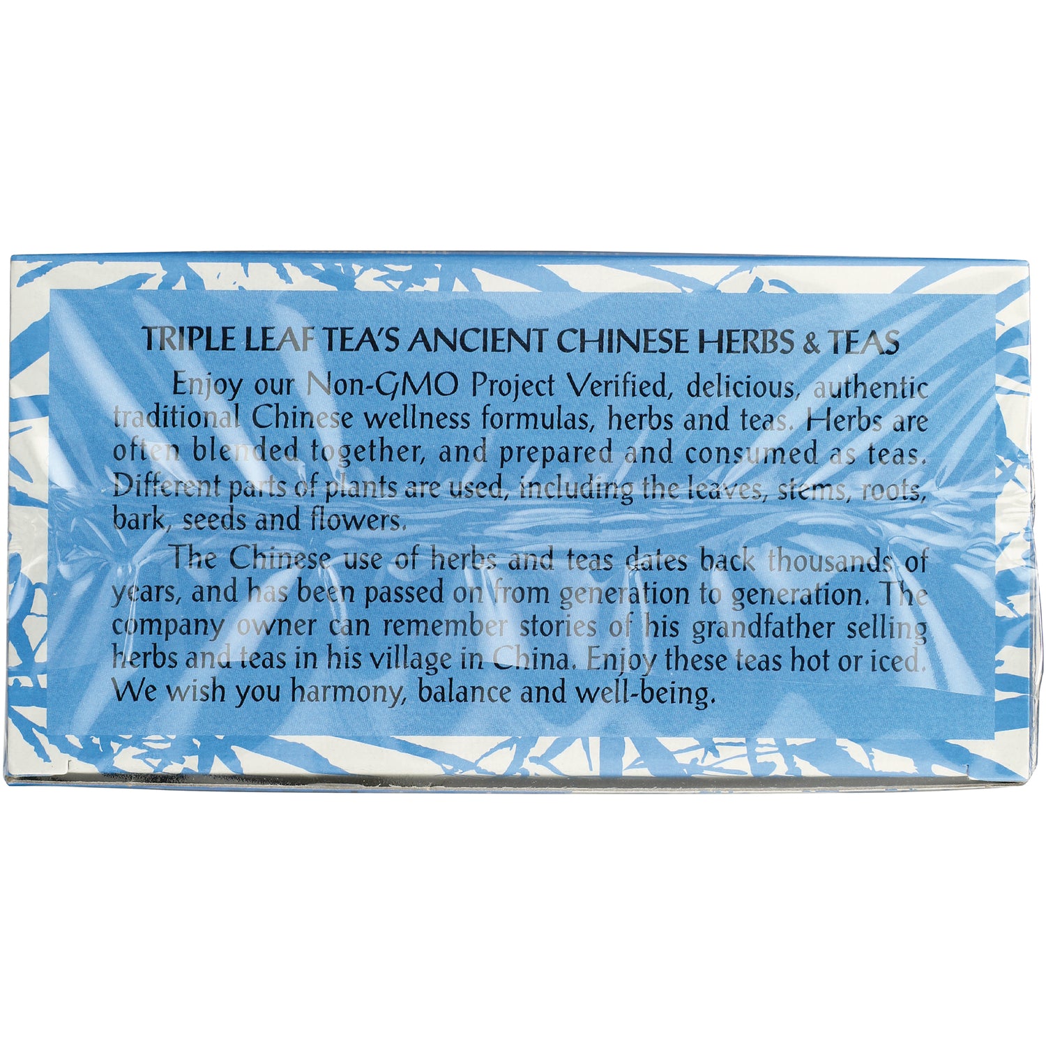 TLT004 | Triple Leaf Tea box panel with 'ANCIENT CHINESE HERBS & TEAS' brand story text