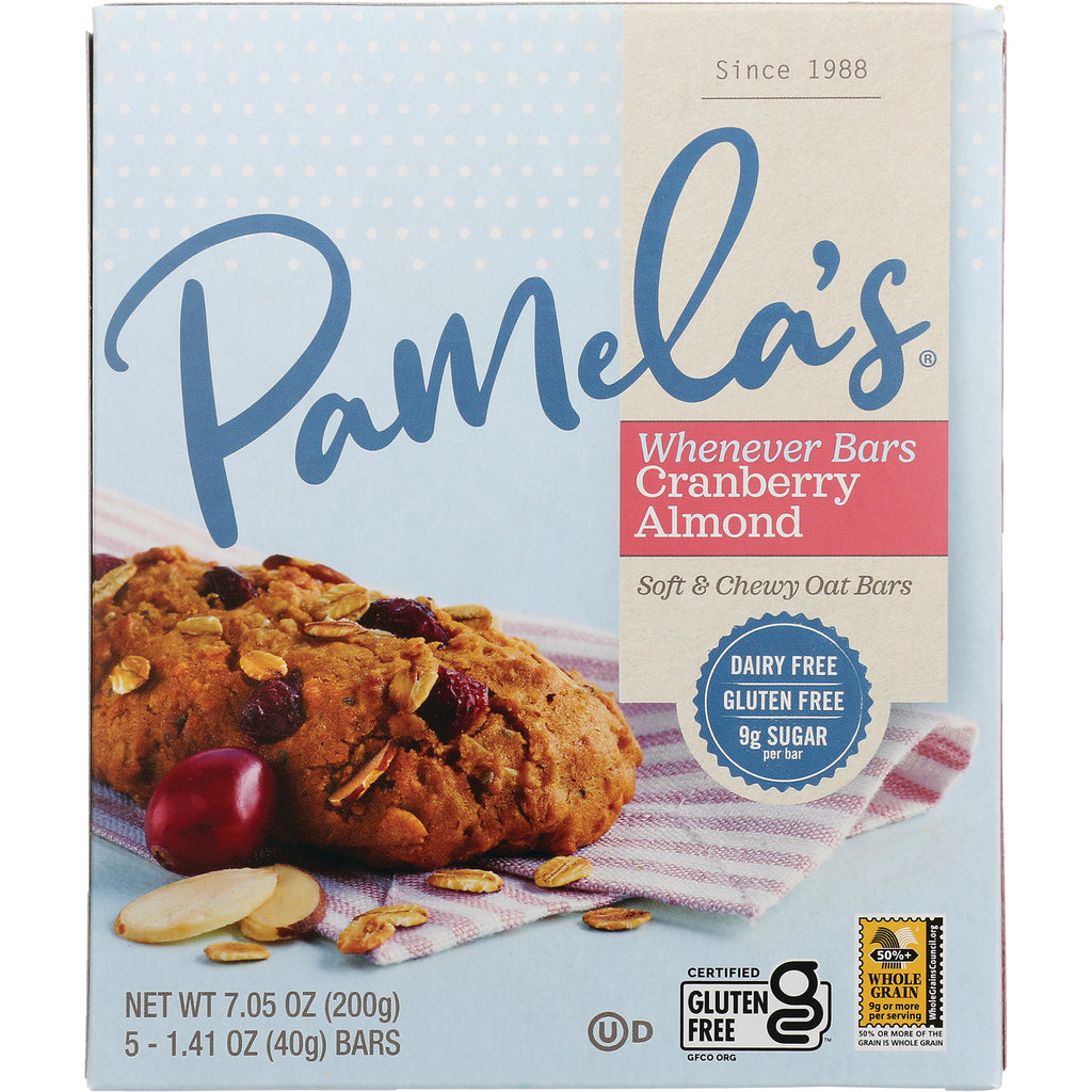 PAM011 | Pamela's Whenever Bars Cranberry Almond soft & chewy oat bars box showing bar photo and gluten free badge - Thumbnail