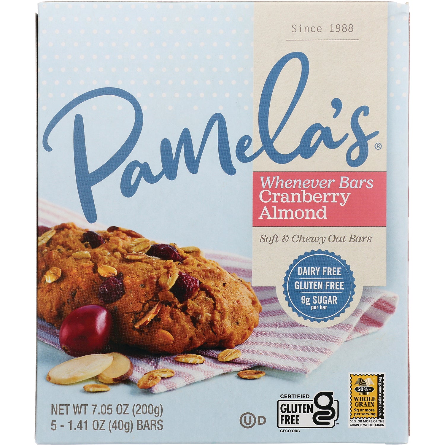 PAM011 | Pamela's Whenever Bars Cranberry Almond soft & chewy oat bars box showing bar photo and gluten free badge