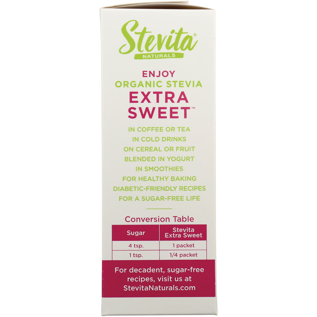 STV017 | Stevita Naturals Extra Sweet Organic Stevia box back with usage tips and sugar-to-packet conversion table - Thumbnail
