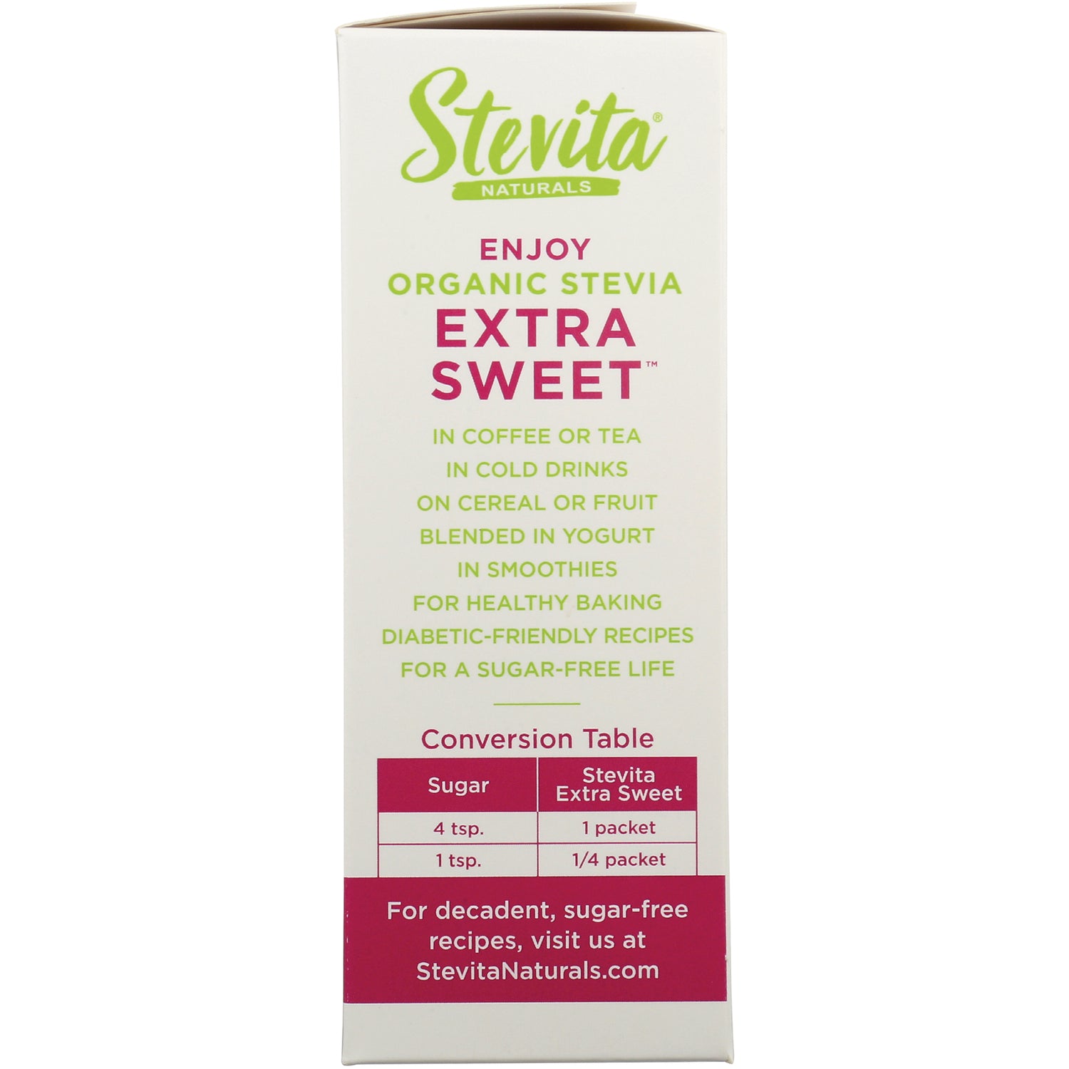 STV017 | Stevita Naturals Extra Sweet Organic Stevia box back with usage tips and sugar-to-packet conversion table