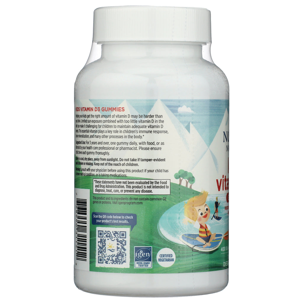 NRN120 | back label of kids vitamin D3 gummies bottle showing QR code, certification badges, and usage and warning text - Thumbnail
