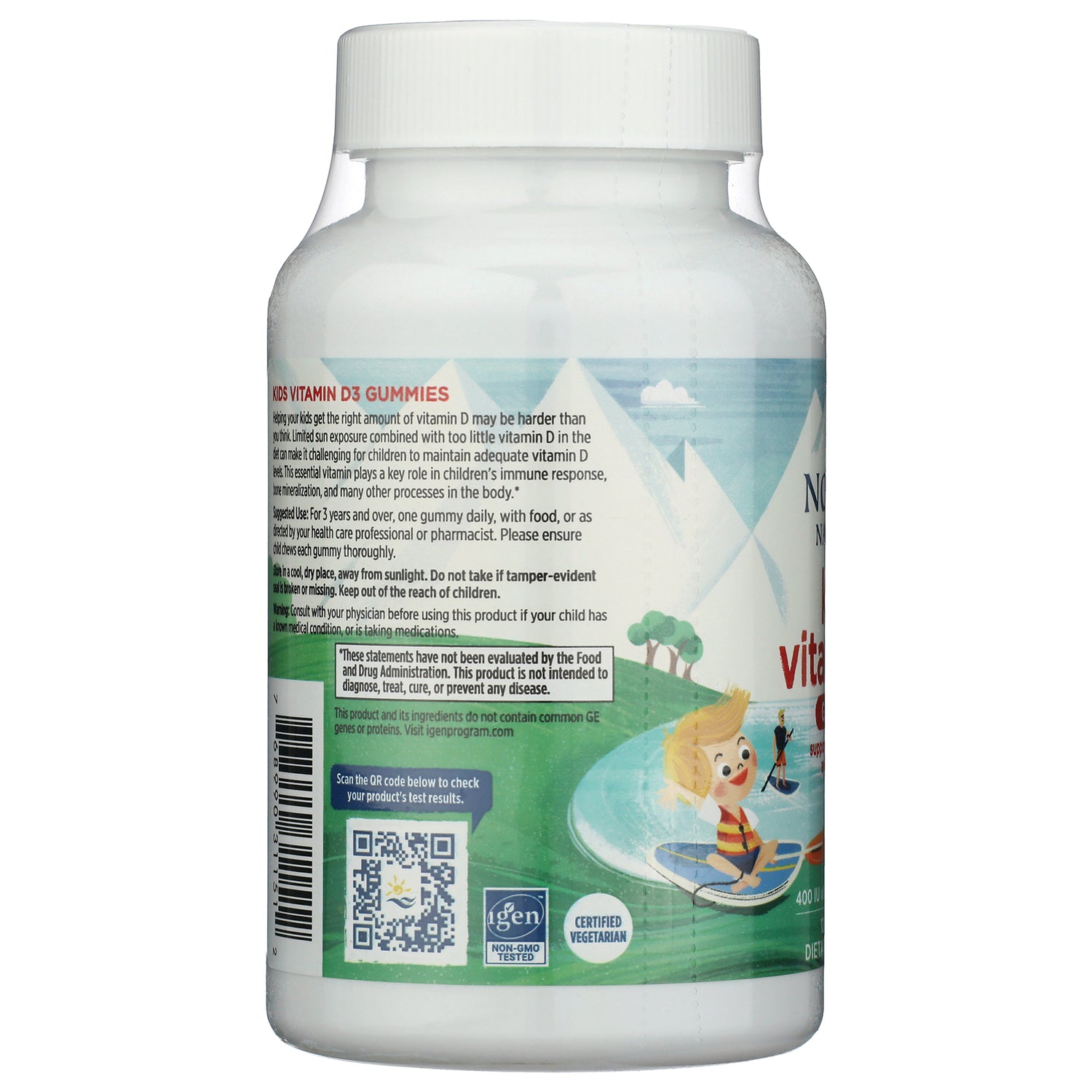 NRN120 | back label of kids vitamin D3 gummies bottle showing QR code, certification badges, and usage and warning text