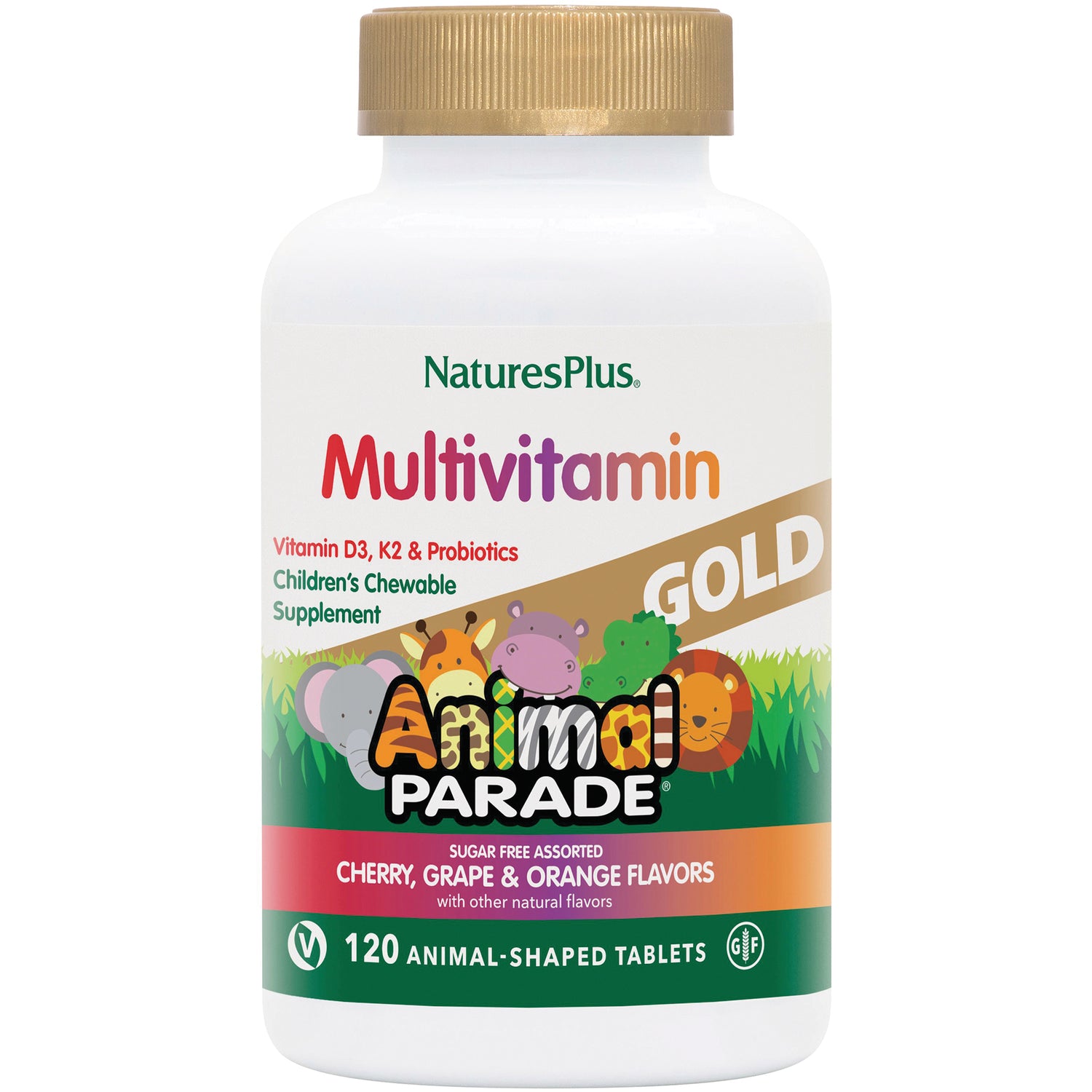 NTP296 | NaturesPlus Multivitamin Animal Parade children's chewable supplement bottle, 120 animal-shaped tablets, cherry grape orange flavors