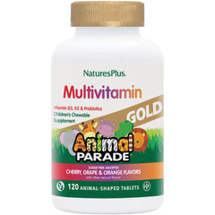NTP296 | NaturesPlus Multivitamin Animal Parade children's chewable supplement bottle, 120 animal-shaped tablets, cherry grape orange flavors