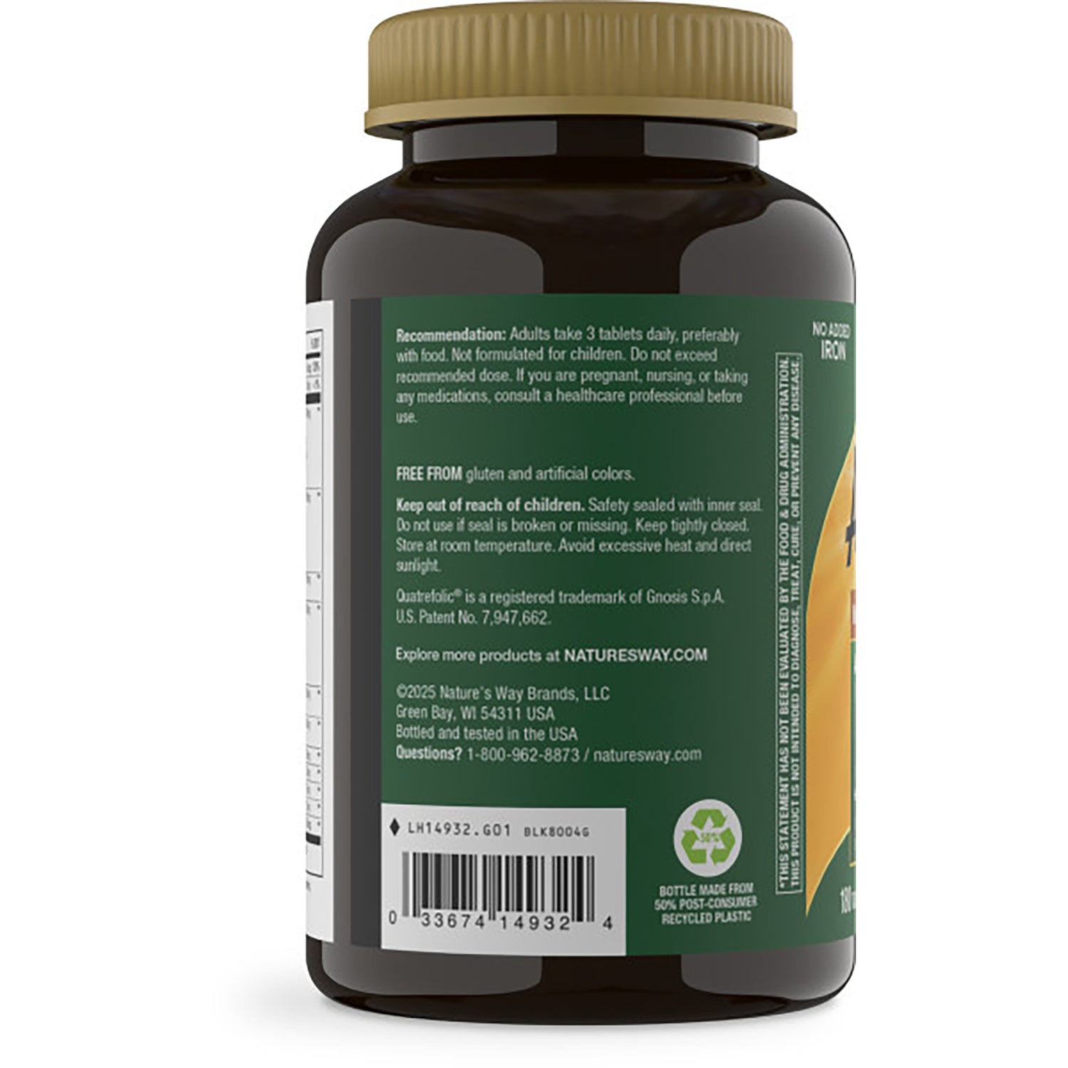 NW598 | Back of brown supplement bottle with green label showing directions, barcode, and recycling symbol