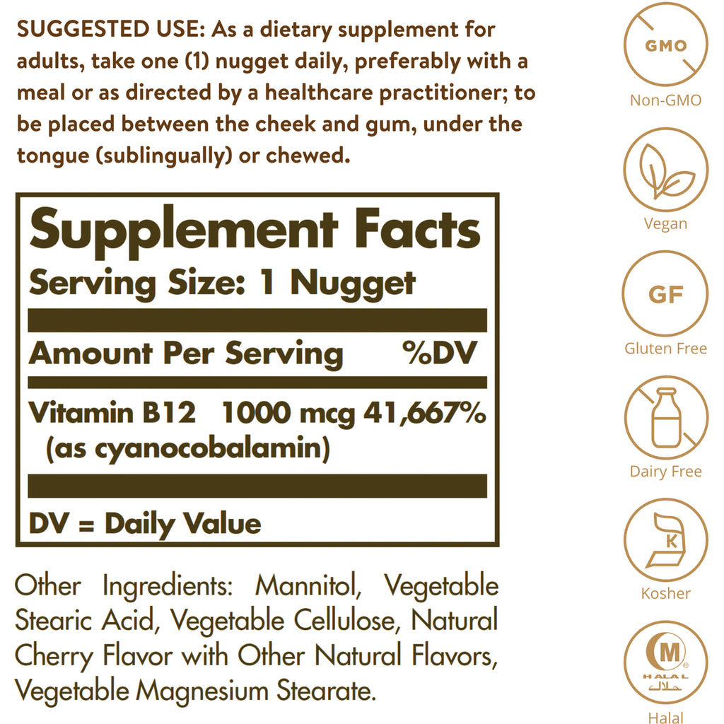 SLG238 | Back label showing Supplement Facts: Vitamin B12 1000 mcg per 1 nugget, ingredients and dietary icons - Thumbnail