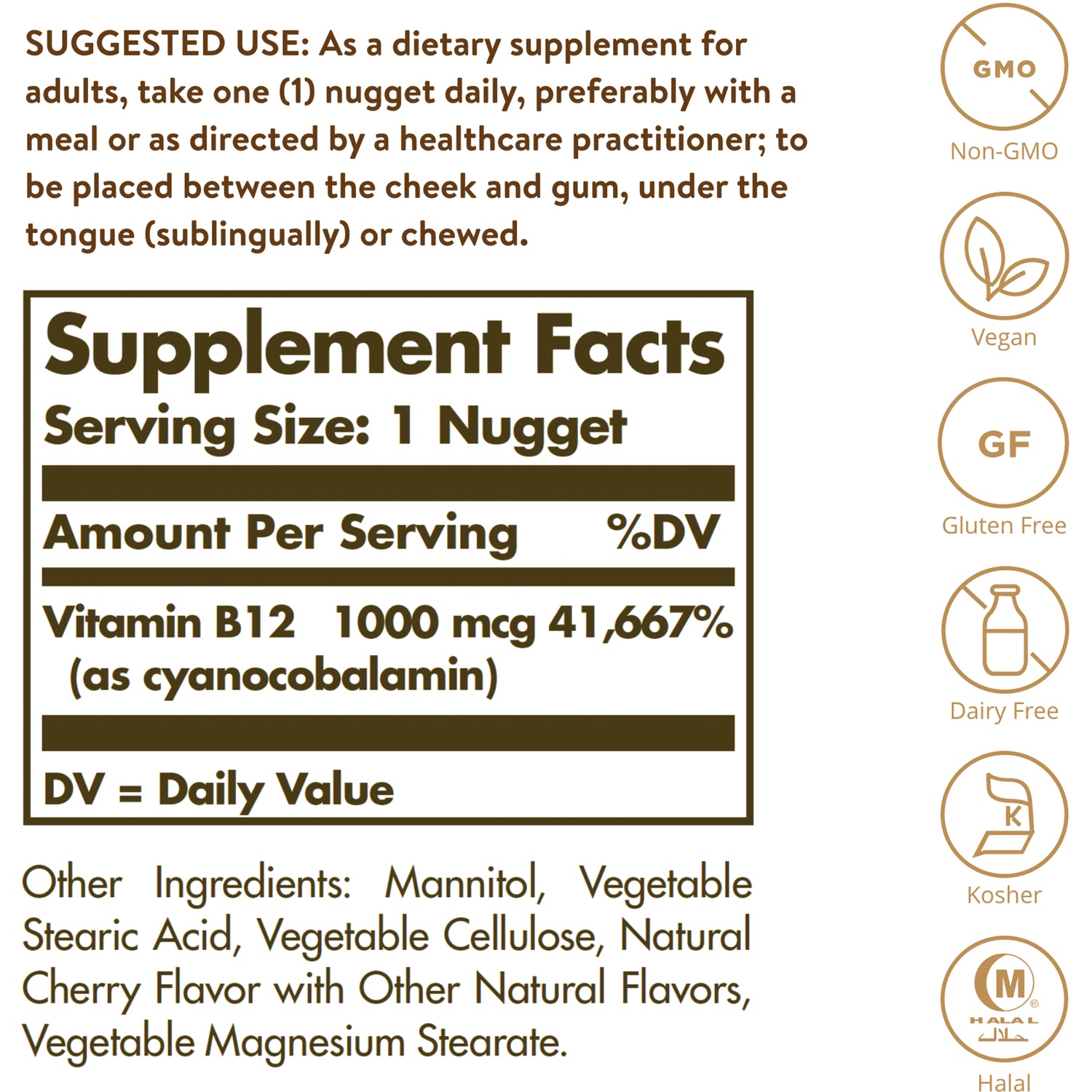 SLG238 | Back label showing Supplement Facts: Vitamin B12 1000 mcg per 1 nugget, ingredients and dietary icons