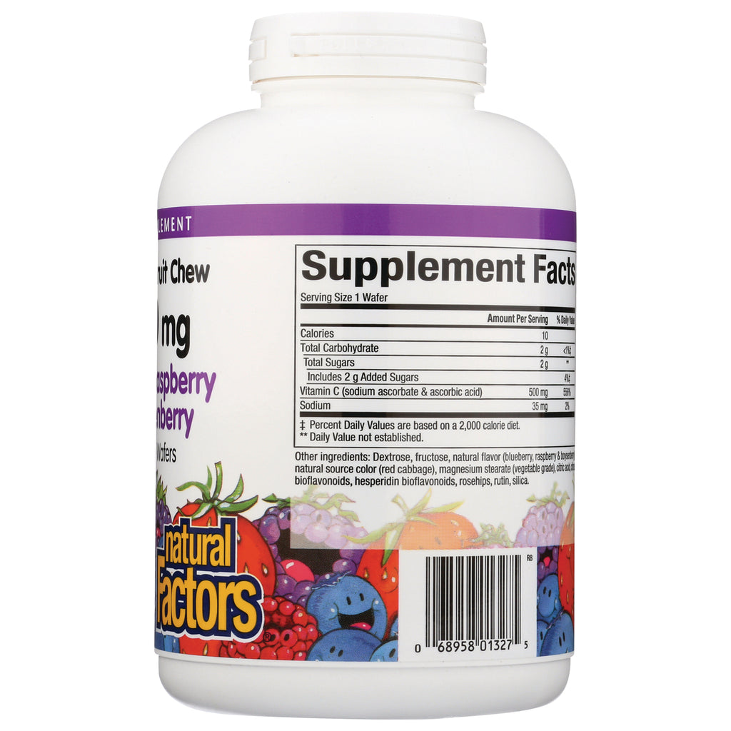 NFC091 | back of white supplement bottle showing Supplement Facts label, ingredients text and barcode with fruit graphics - Thumbnail
