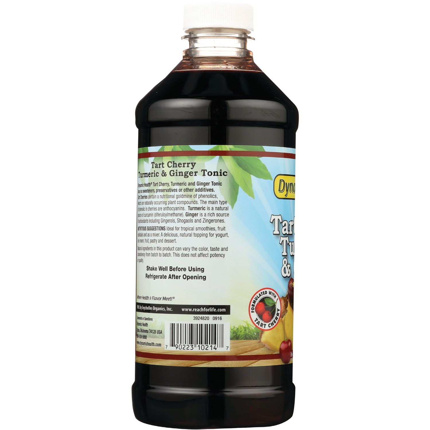 DYH055 | bottle labeled Tart Cherry Turmeric & Ginger Tonic showing product infographic, text and barcode