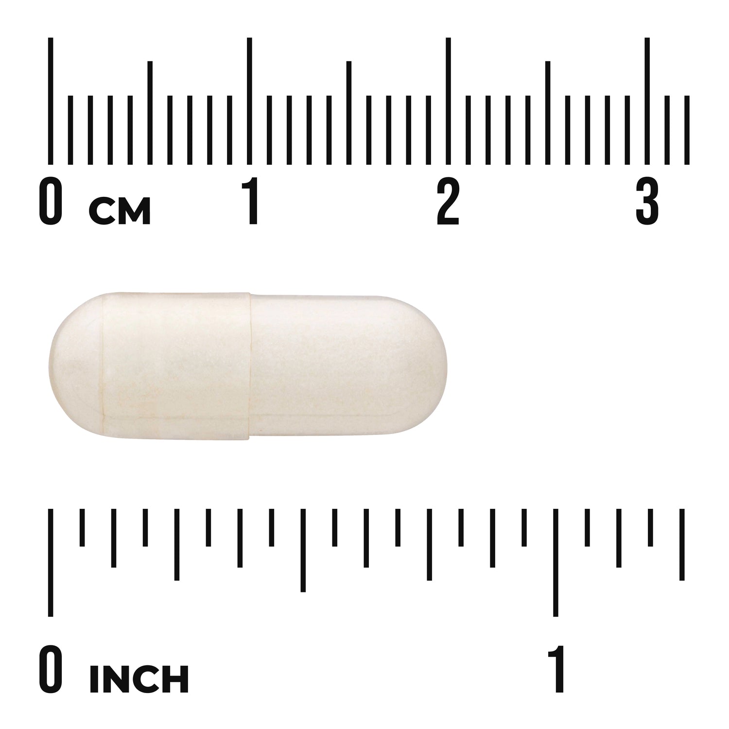 SW542 | white capsule pill centered on ruler showing size in centimeters and inches