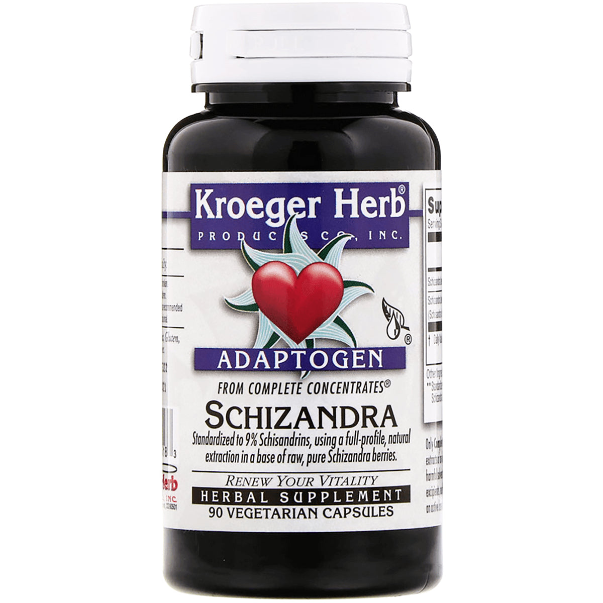 KRG025 | Front view of Kroeger Herb Adaptogen Schizandra herbal supplement bottle, 90 vegetarian capsules