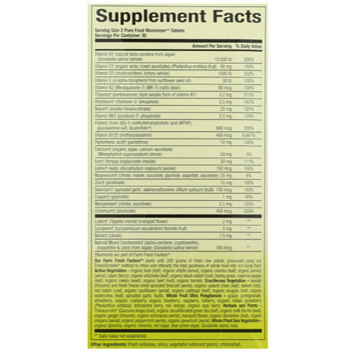 NFC189 | Supplement Facts nutrition panel and ingredient list on yellow product back label