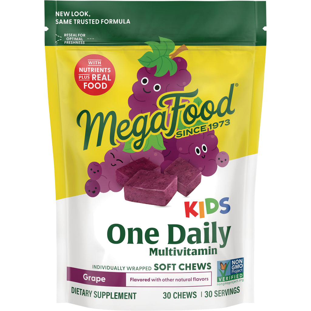 MGF095 | MegaFood Kids One Daily multivitamin grape soft chew pouch with cartoon grapes - Thumbnail