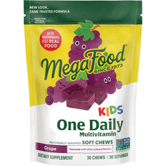 MGF095 | MegaFood Kids One Daily multivitamin grape soft chew pouch with cartoon grapes