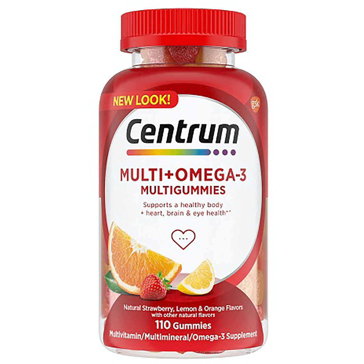 CEN020 | Centrum MULTI+OMEGA-3 multigummies bottle front showing label reading 110 Gummies and fruit images
