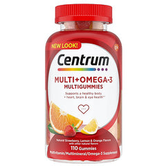CEN020 | Centrum MULTI+OMEGA-3 multigummies bottle front showing label reading 110 Gummies and fruit images