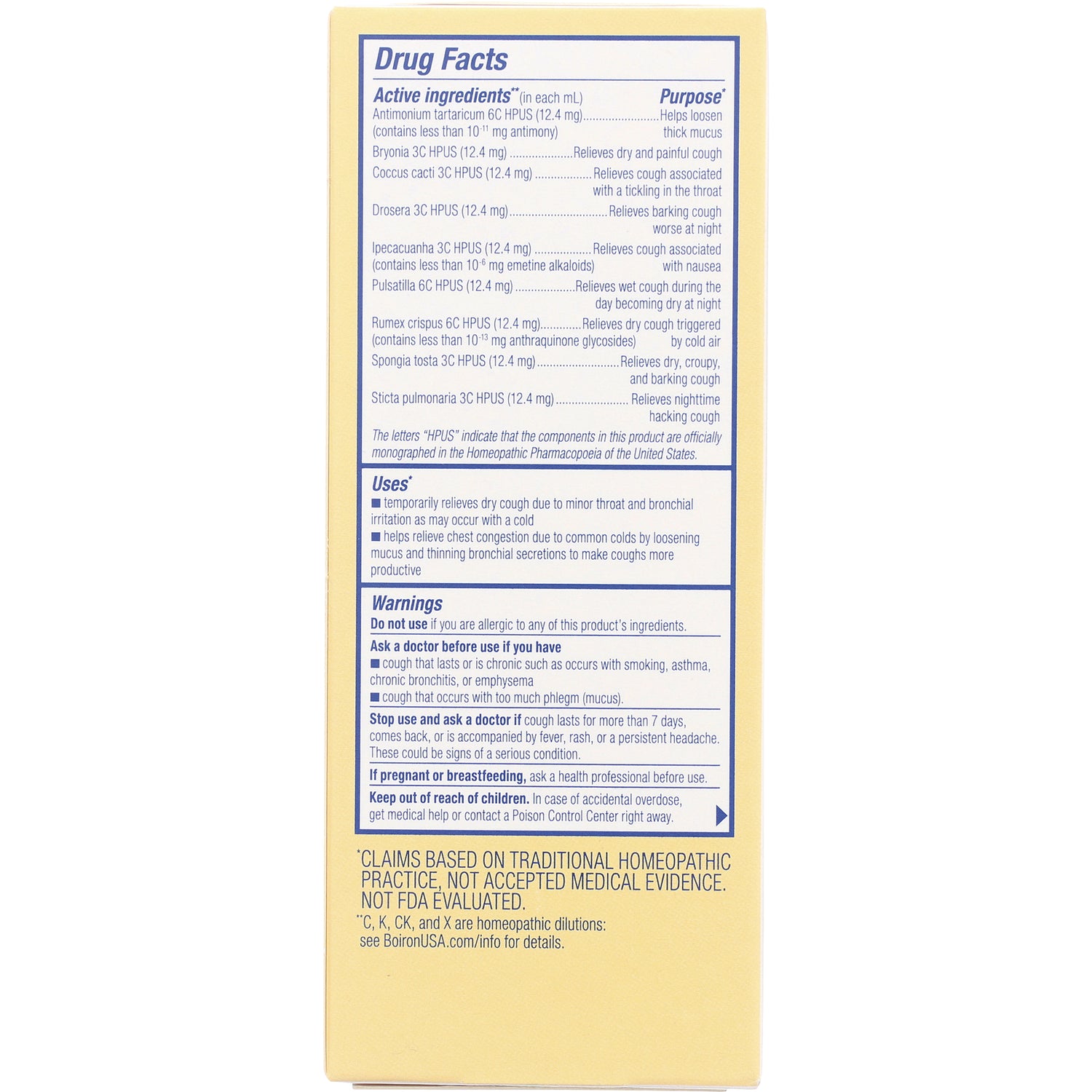 BRN084 | back panel showing drug facts, active ingredients, uses and warnings on yellow medicine box