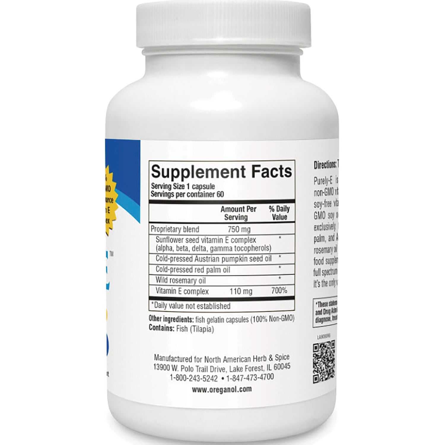 NHS073 | Back of white supplement bottle showing Supplement Facts panel, ingredients list and manufacturer contact information