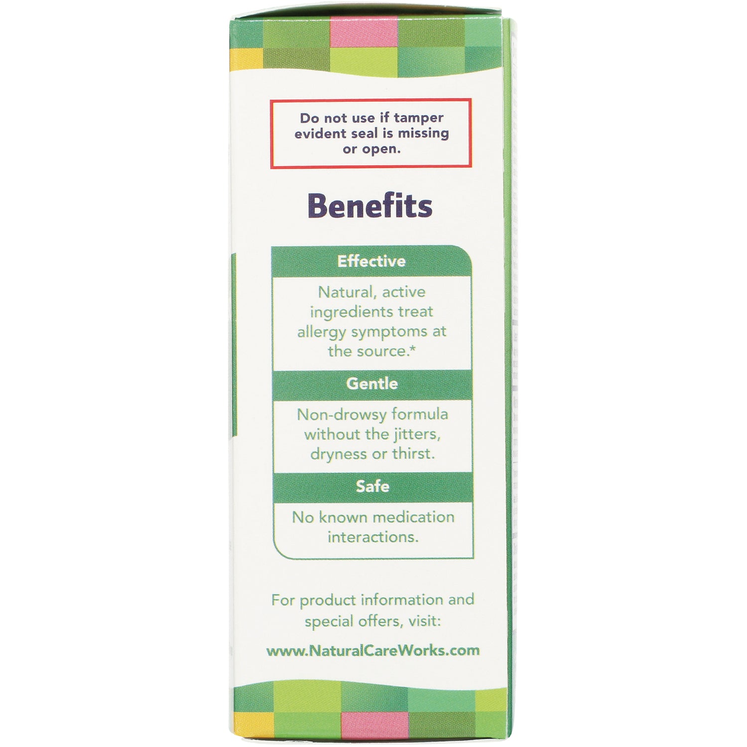 NTB040 | product side panel infographic listing Benefits: Effective, Gentle, Safe and www.NaturalCareWorks.com