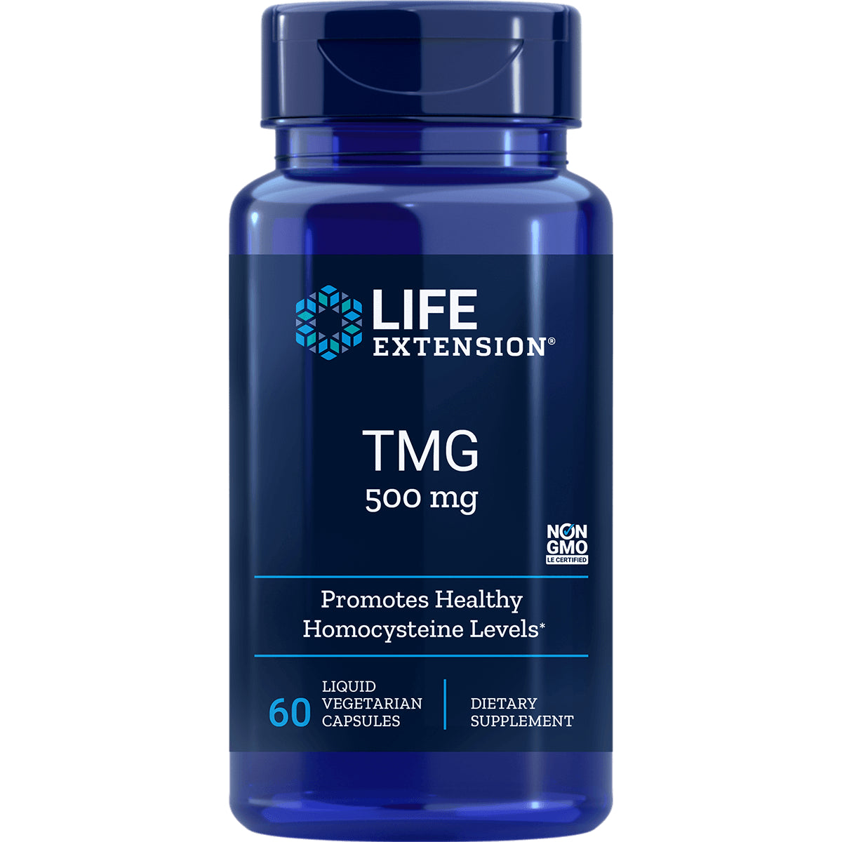 LE265 | Life Extension TMG 500 mg blue bottle, 60 liquid vegetarian capsules, promotes healthy homocysteine levels
