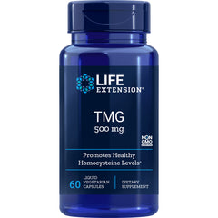 LE265 | Life Extension TMG 500 mg blue bottle, 60 liquid vegetarian capsules, promotes healthy homocysteine levels