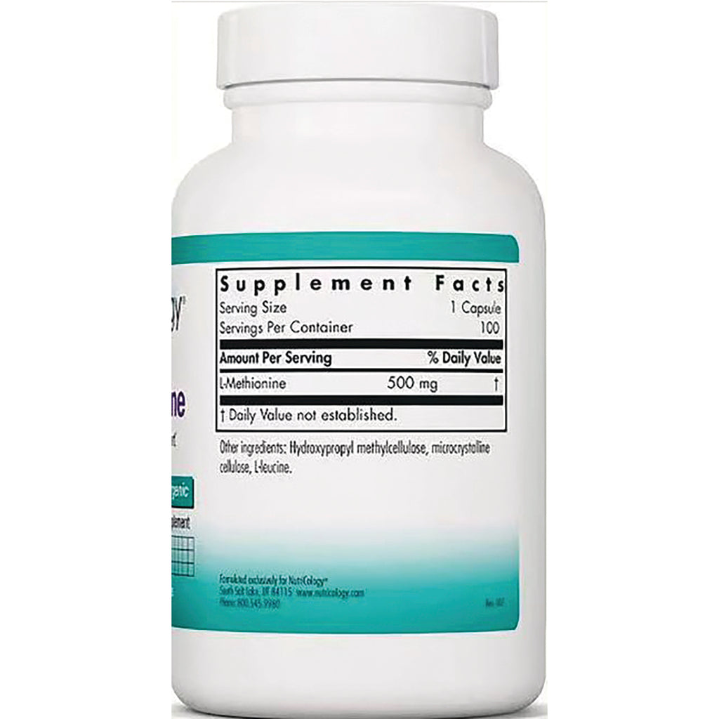 NCL107 | Bottle back showing Supplement Facts panel listing L-Methionine 500 mg, serving size 1 capsule, 100 servings - Thumbnail