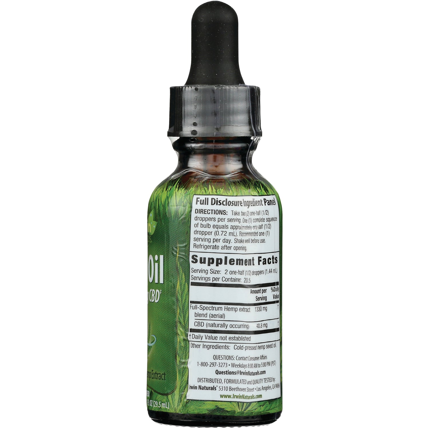 IR179 | back of dark glass dropper bottle showing Supplement Facts, directions, and ingredient panel for full-spectrum CBD oil