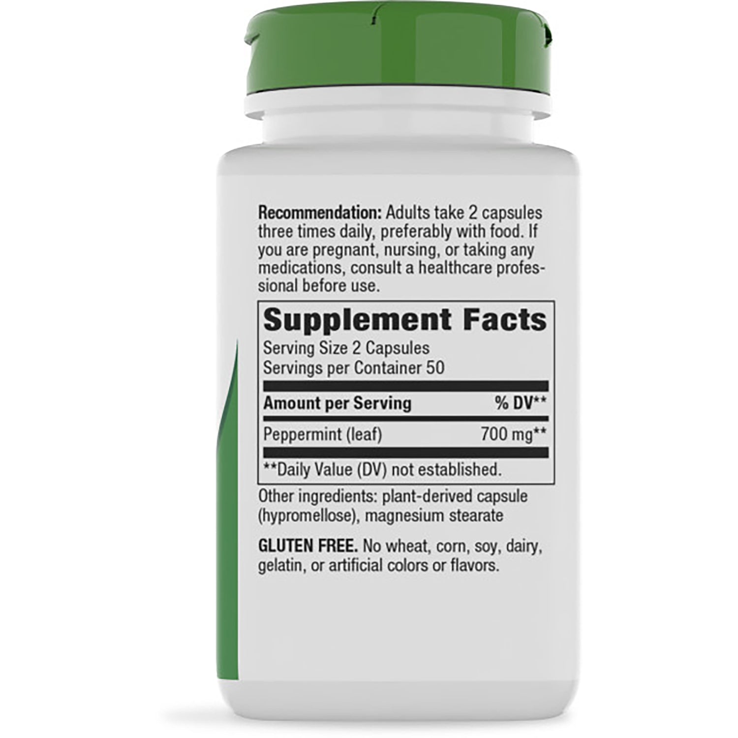 NW942 | Back label of dark supplement bottle showing Supplement Facts, serving size 2 capsules, peppermint 700 mg, directions and warnings