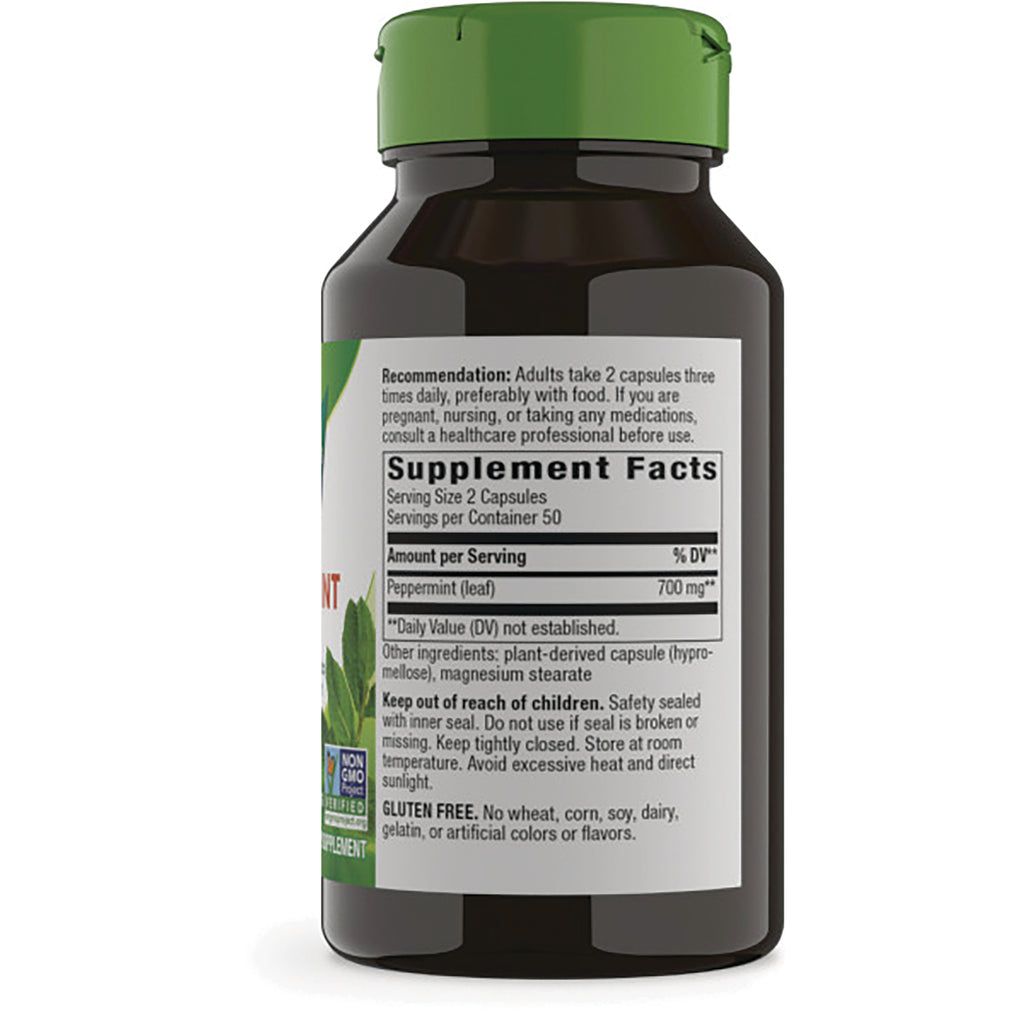 NW942 | Back label of dark supplement bottle showing Supplement Facts, serving size 2 capsules, peppermint 700 mg, directions and warnings - Thumbnail