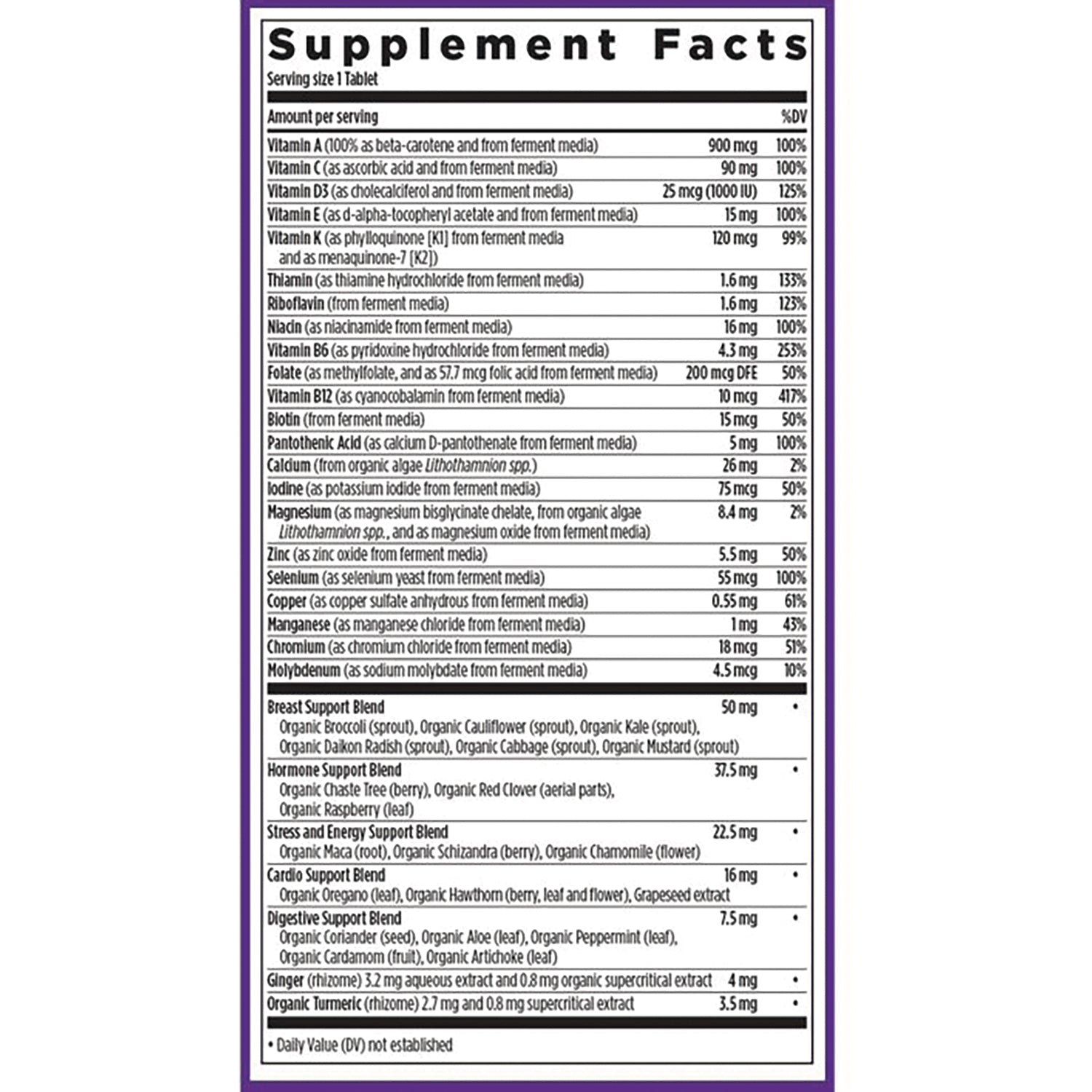 NWC242 | Supplement Facts label showing vitamins, minerals, and blend amounts on product back