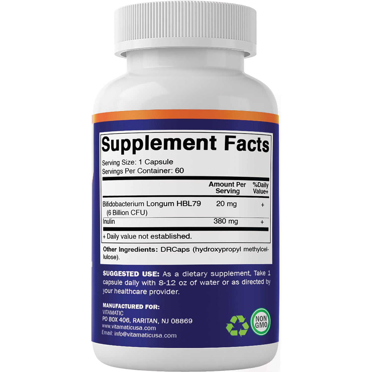 VAM014 | Supplement Facts panel on bottle back showing serving size 1 capsule, 60 servings, B. longum HBL79 and inulin