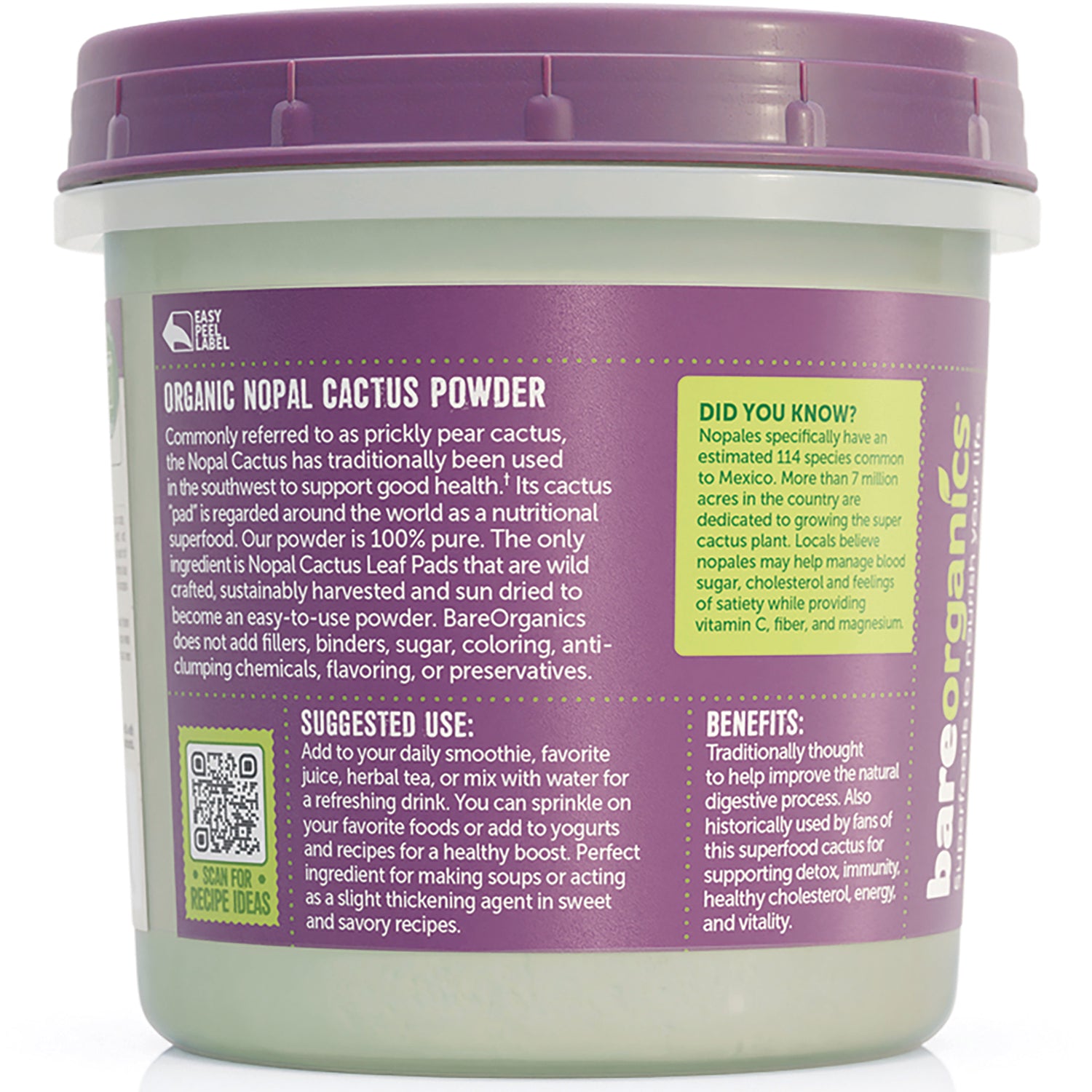 BOR062 | back label of BareOrganics Organic Nopal Cactus Powder container showing ingredient info, suggested use and benefits