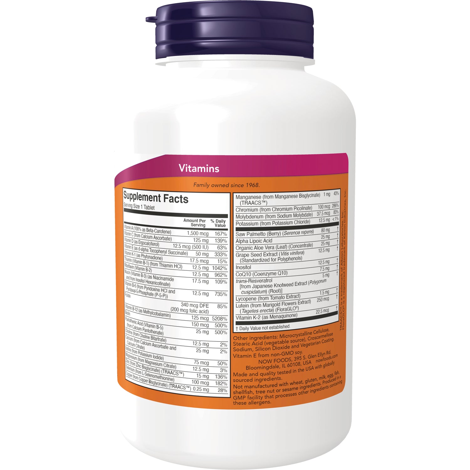 NWF016 | Back label showing Supplement Facts panel and ingredient list on white vitamin bottle