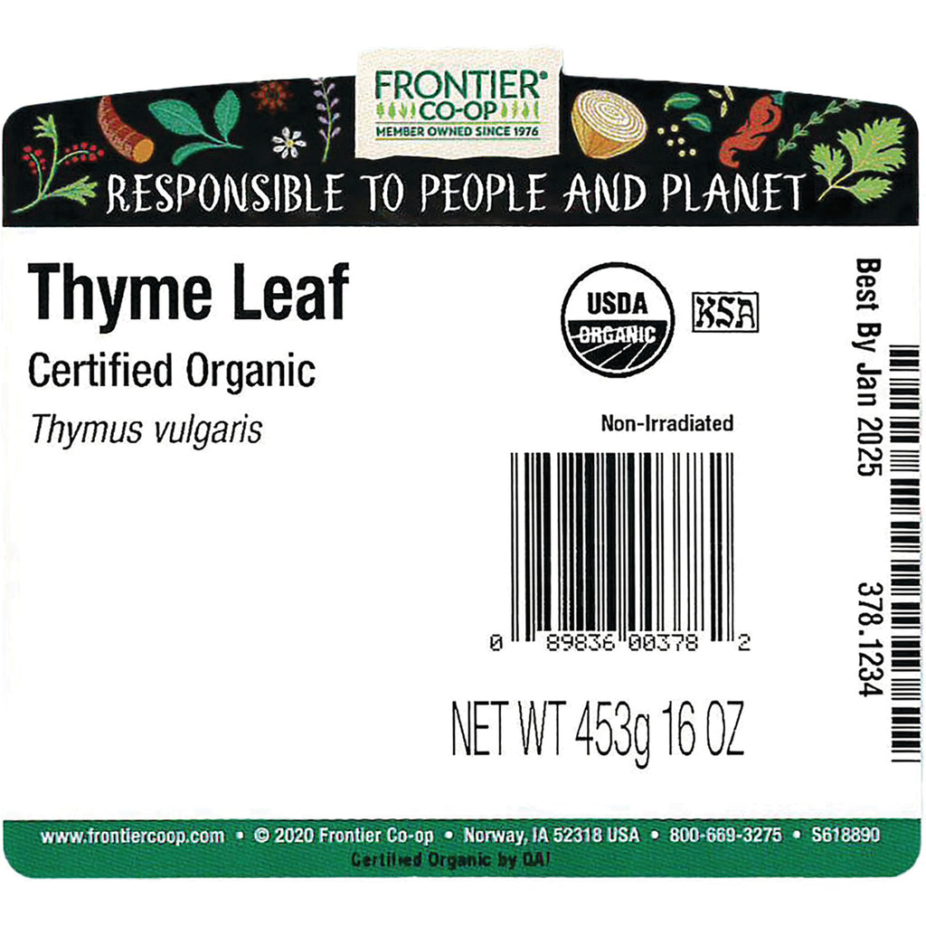 FNP075 | Back label for Frontier Co-op Thyme Leaf certified organic showing USDA Organic logo, barcode, net wt 453g - Thumbnail