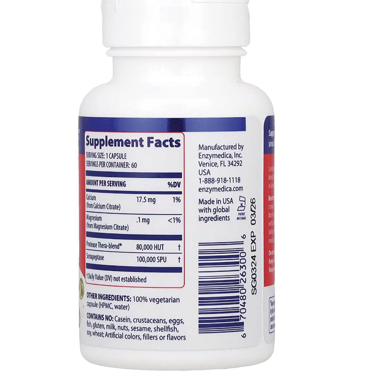 EMD024 | back label of white supplement bottle showing Supplement Facts panel, barcode, manufacturer and ingredients