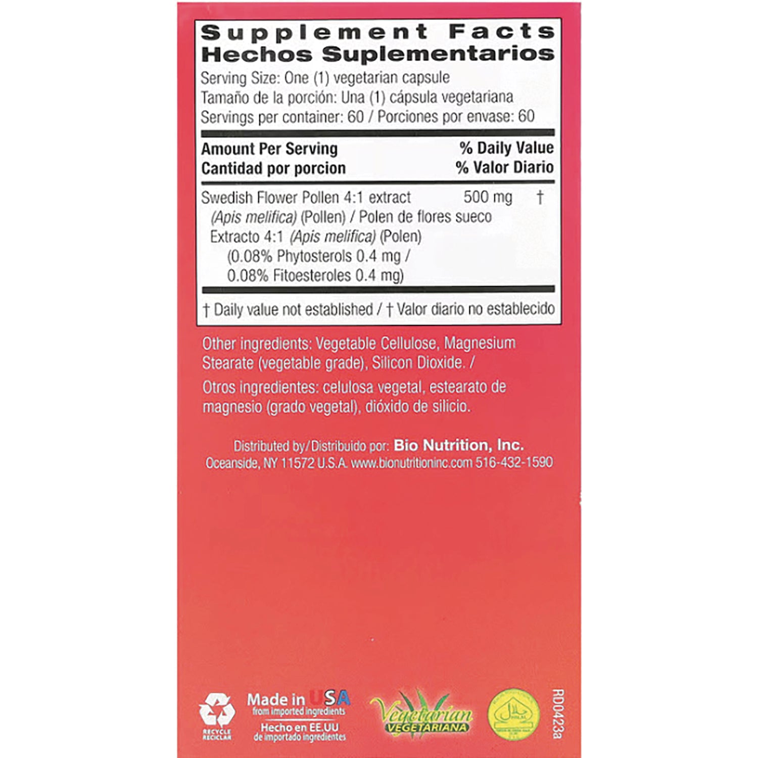 BNN035 | Back label supplement facts and other ingredients for Swedish Flower Pollen 4:1 extract