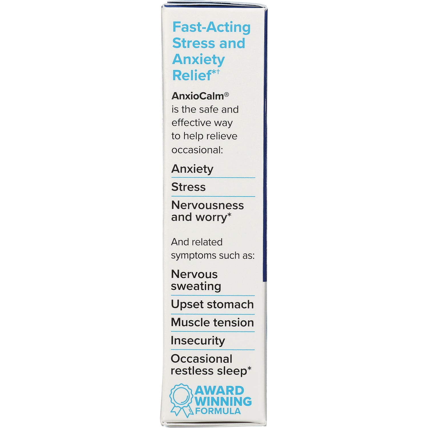 EUR017 | box side panel reading Fast-Acting Stress and Anxiety Relief with uses and related symptoms listed and award winning formula logo