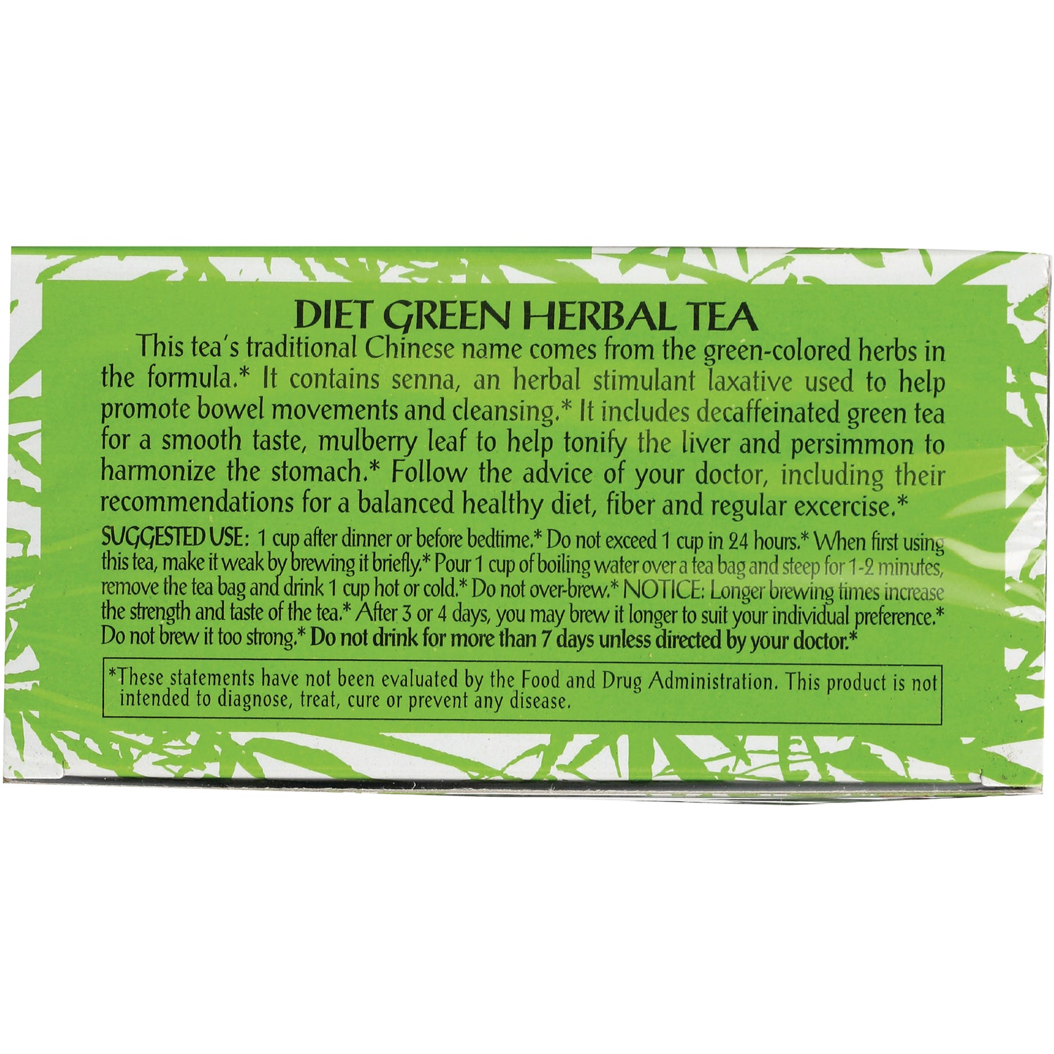 TLT003 | Diet Green Herbal Tea back panel with suggested use, notice, and FDA disclaimer