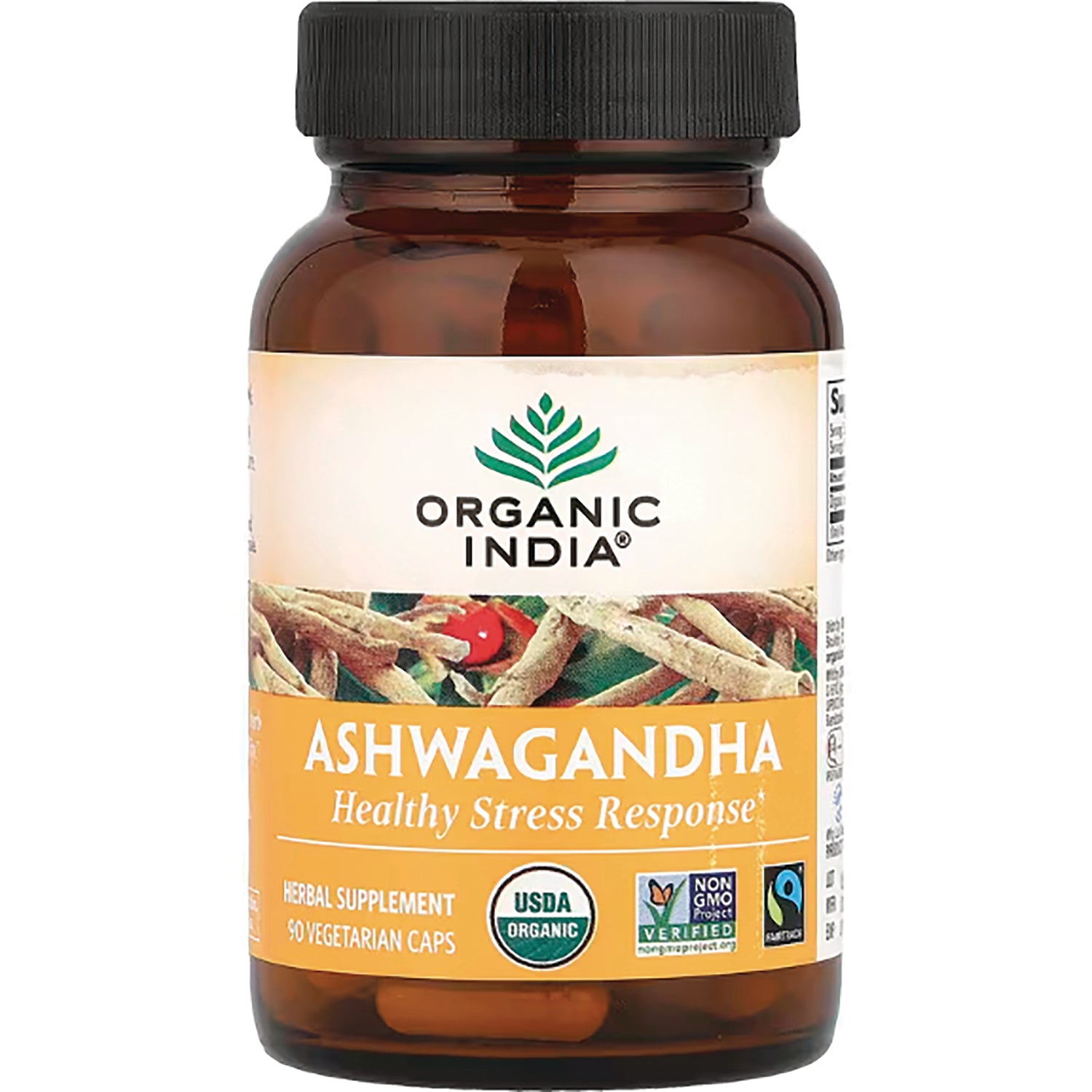 RGN039 | Organic India Ashwagandha supplement bottle front showing label Healthy Stress Response and USDA Organic seal