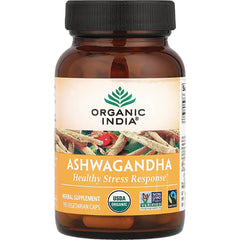 RGN039 | Organic India Ashwagandha supplement bottle front showing label Healthy Stress Response and USDA Organic seal