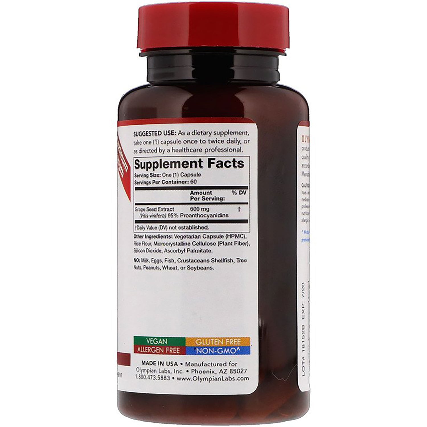 OL119 | Back of brown supplement bottle showing Supplement Facts panel, ingredient list, and VEGAN GLUTEN FREE NON-GMO badges