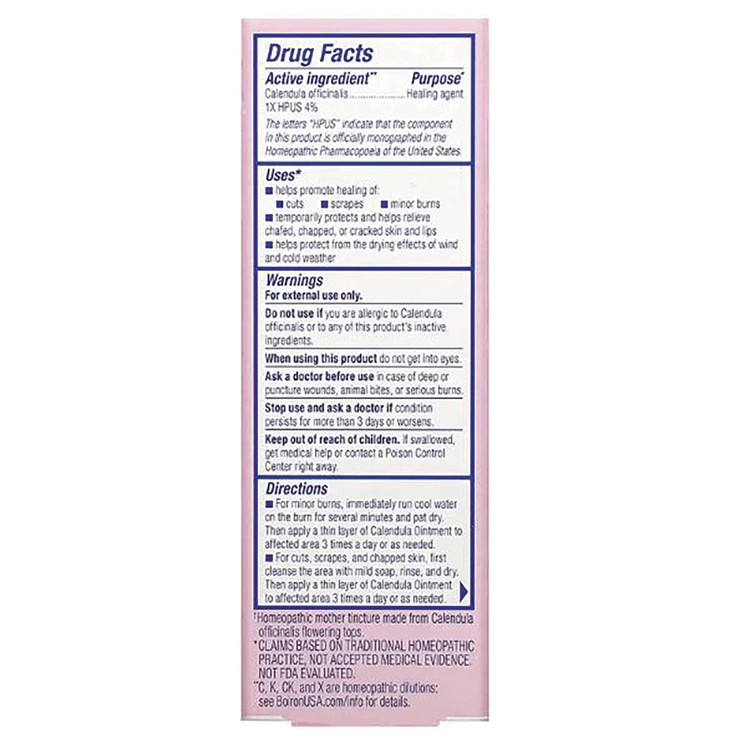 BRN021 | Back panel showing Drug Facts with active ingredient Calendula, uses, warnings, and directions